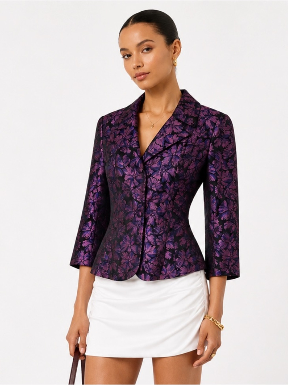 NIPON BOUTIQUE Purple Black Floral Lined Button Blazer Jacket 3/4 Sleeve 12